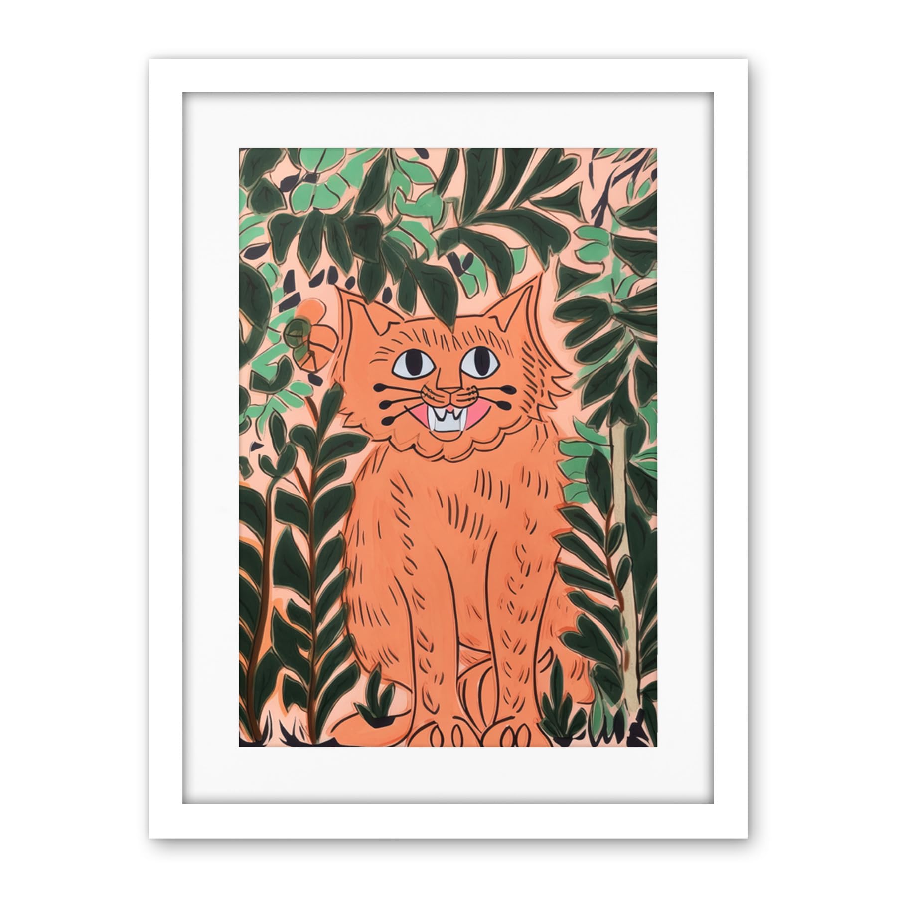 Artery8 Ginger Orange Tabby Cat in Plants Modern Folk Art Artwork Framed Wall Art Print 18X24 Inch