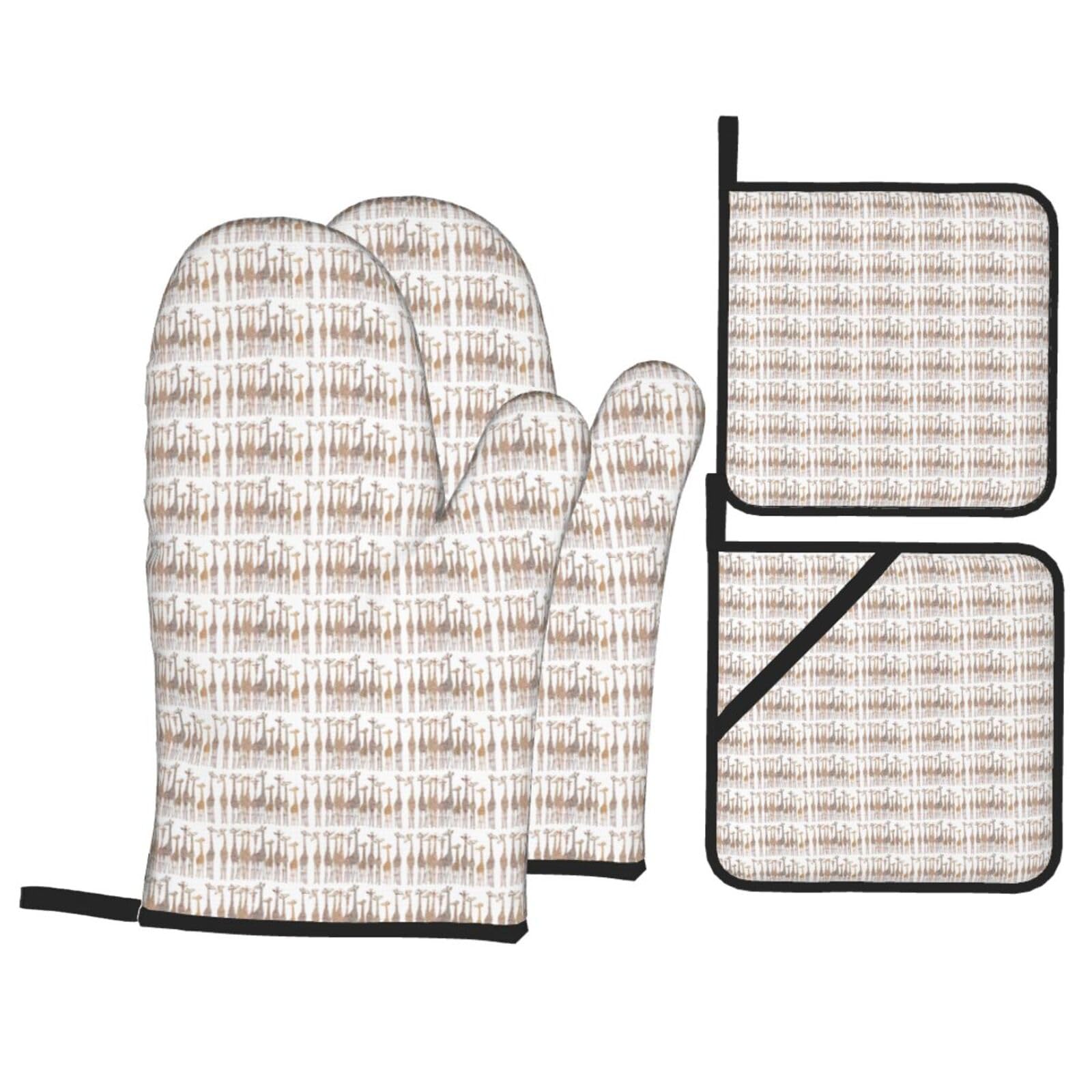 Cute Wild Cartoon Giraffes Print Stylish Heat-Resistant Oven 4-Piece Set Kitchen Gloves Roasting Daily Cooking