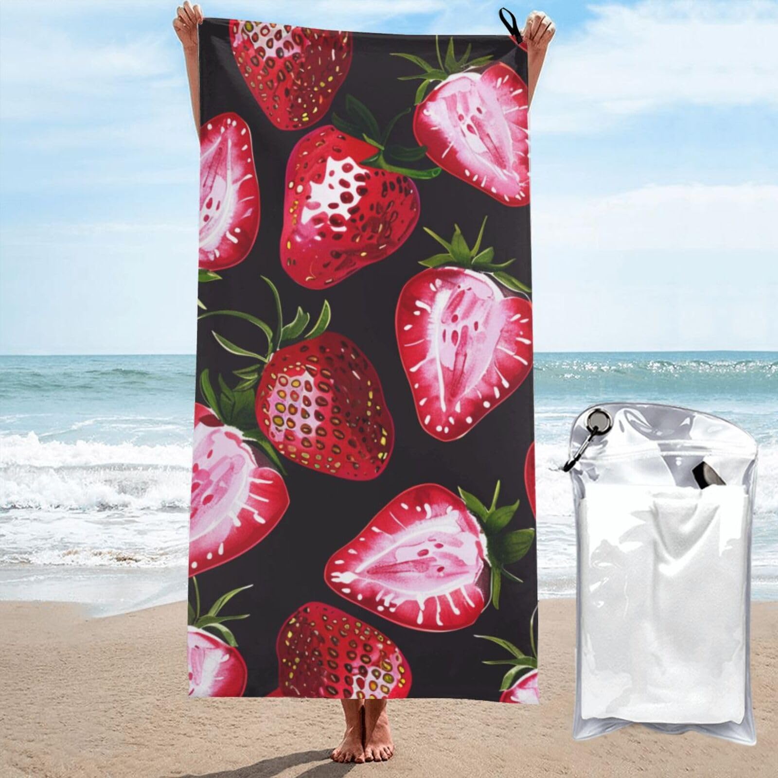 kkvhhyuo Microfiber Beach Towel, Strawberry pattern Printed Lightweight Quick Dry Travel Bath Sheet with Compact Carry Bag for Swimming Yoga Camping Gym,27.5"x55"
