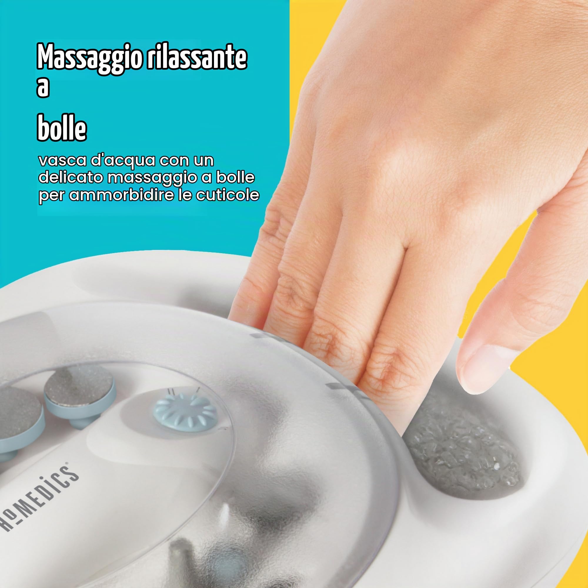 HoMedics Set per Manicure e Pedicure Elettrico, Kit Massaggio Lenitivo con Ammollo, 12 Accessori per Trattamento di Unghie, Dischi Lucidanti e Leviganti, Rimozione di Calli e Cuticole, Asciuga Smalto