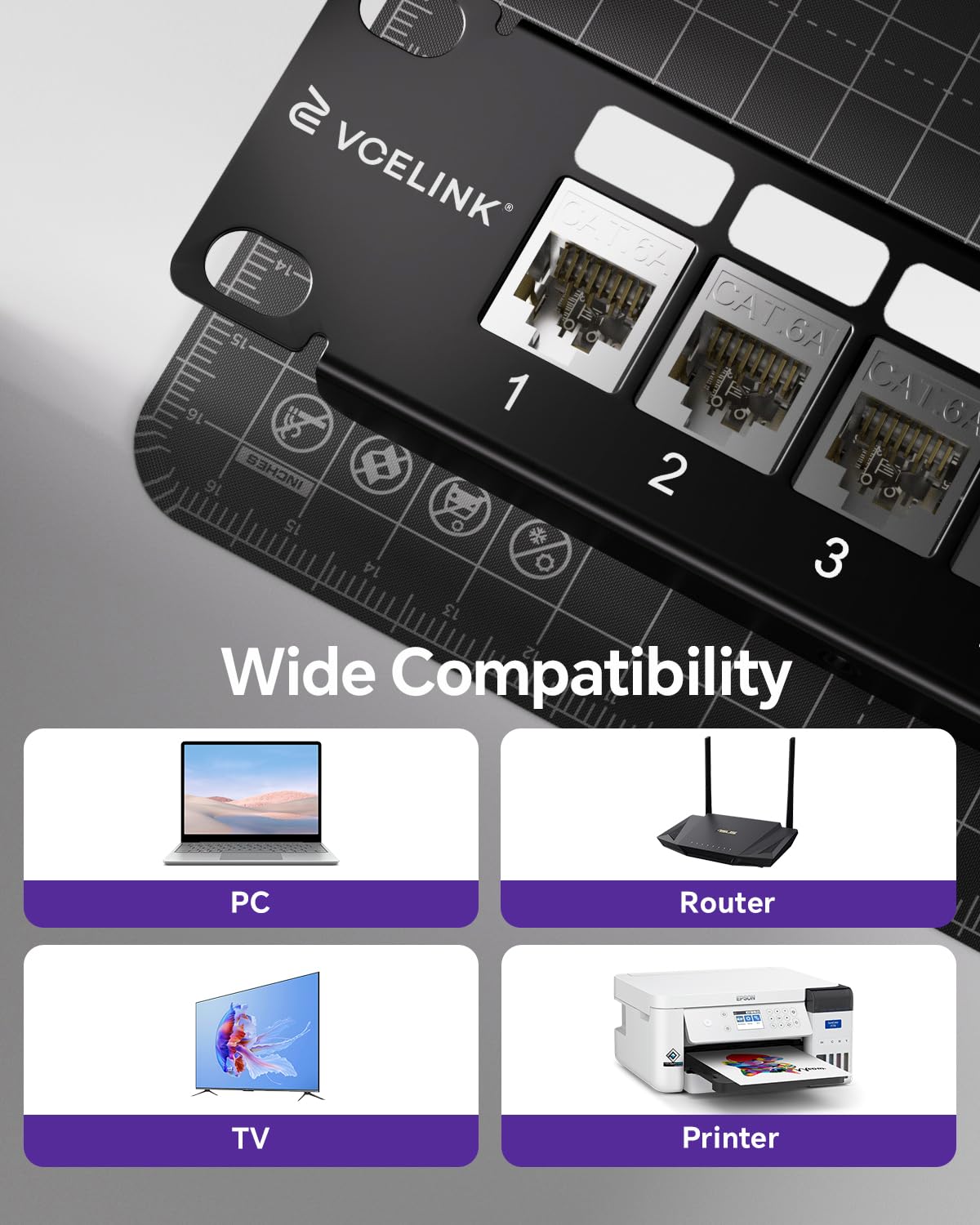 VCELINK Juego de paneles de conexión de 24 puertos modular en pulgadas + 24 módulos Keystone RJ45 compatibles con CAT6a