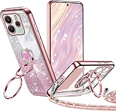 Glitter Cover for Redmi Note 14 5G (Not for 4G) with Lanyard, Galvanized Silicone Mobile Phone Case, with Double Anneau Support and Adjustable Practical Stylish Flexible Shoulder Strap – Rose
