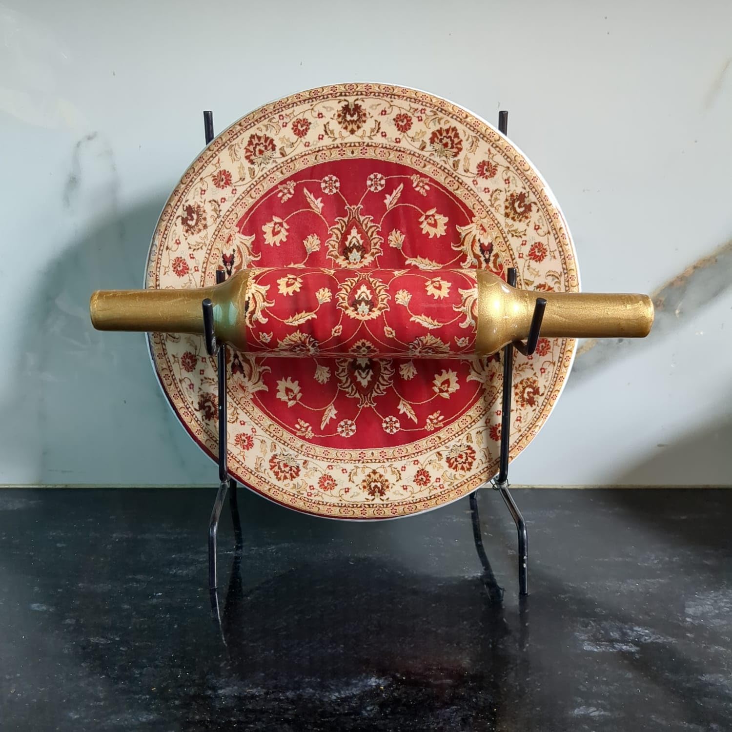 Marble Roti Maker with Wooden Belan Enamel Print/White Marble Chakla 10 Inch Diameter with Belan (Printed Enamel Chakla Belan) (RED 1)-image-36