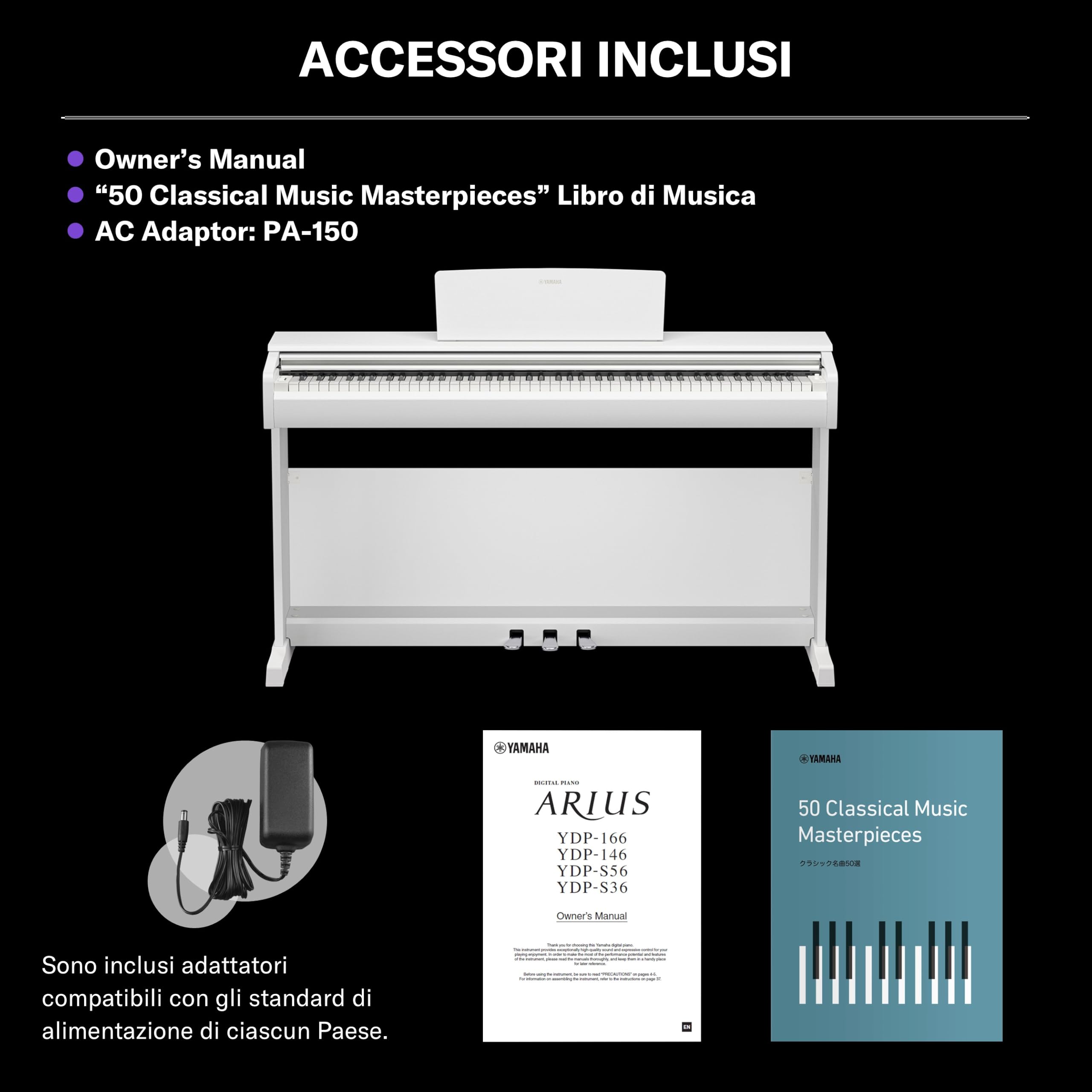 YAMAHA YDP-146 Pianoforte Digitale – 88 Tasti Pesati GHS, Suono CFX Concert Grand, Speaker Stereo 8W, Bluetooth, 3 Pedali, Ideale per Casa e Principianti – Bianco