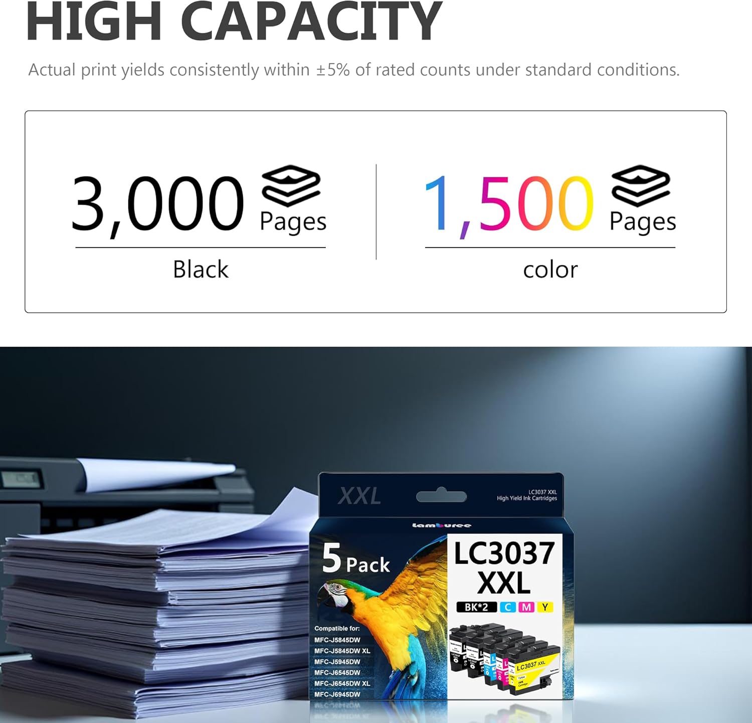 LC3037XXL Ink Cartridges with Super High-Yield Replacement for Brother LC3037 Work for MFC-J5945DW MFC-J5845DW MFC-J5845DWXL MFC-J6545DW MFC-J6545DWXL MFC-J6945DW Printers (5 Pack)