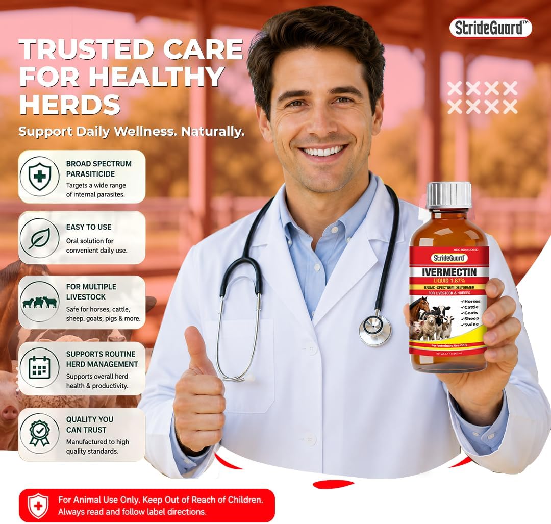Dewormer for Horse, Dewormer for Goat and Cattle & More, Ivermectin Liquid for All Wormers, Tapeworms, Roundworms & Hookworms
