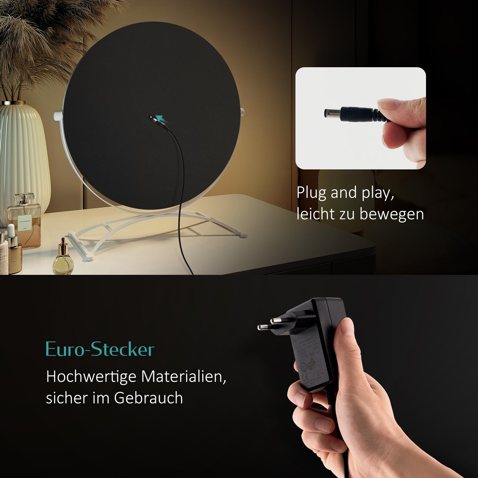 EMKE Hollywood Spiegel rund 50cm, Weiß, 3 Lichtfarben | Schminkspiegel mit Beleuchtung, 360 Grad drehbar, 9 LED Lampen, dimmbar, Speicherfunktion, Kosmetikspiegel für Schminktisch