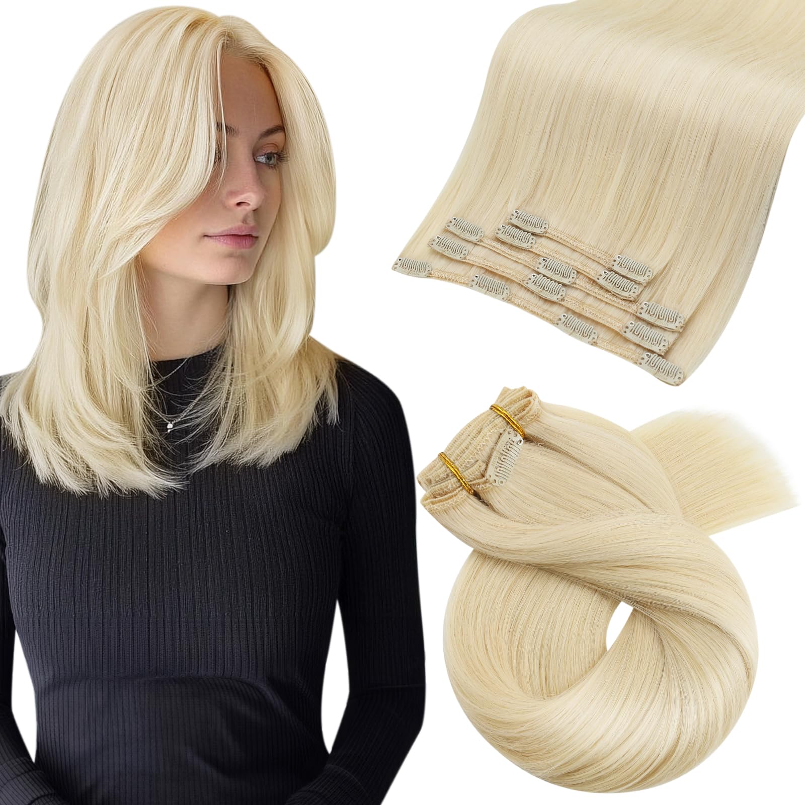 Moresoo Clip in Extensions Echthaar #60 Platinblond Clip Extensions Echthaar Glattes Hair Extensions Haarteil 35 cm 5 Stück 80g