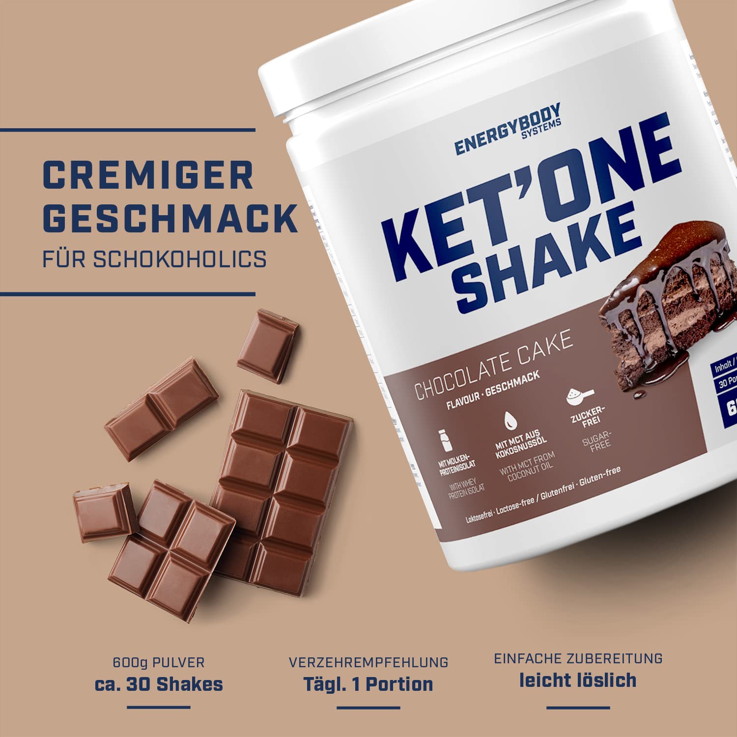 Energybody KET'ONE Shake „Schoko" 600 g/Protein Pulver für die Ketogene Ernährung/Keto Shake mit MCT Pulver & Molkenproteinisolat/reich an essentiellen Aminosäuren & BCAAs