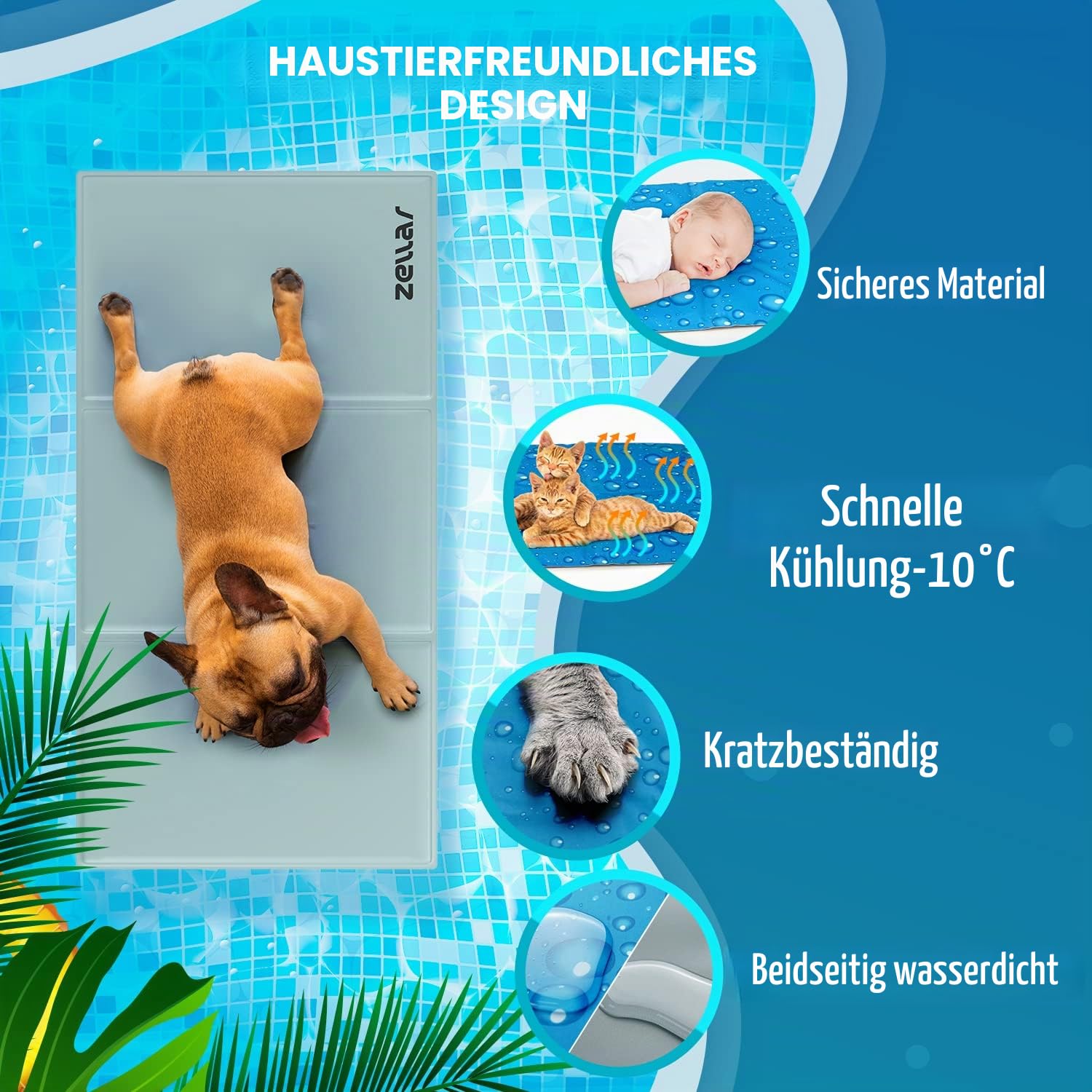 Zellar Kühlmatte für Hunde Selbst Kühlende Hundematte Kühldecke Hunde Sommer Kühlkissen Hundedecke mit Kaltgel-Füllung für Zuhause Unterwegs oder im Auto, L 90x50cm