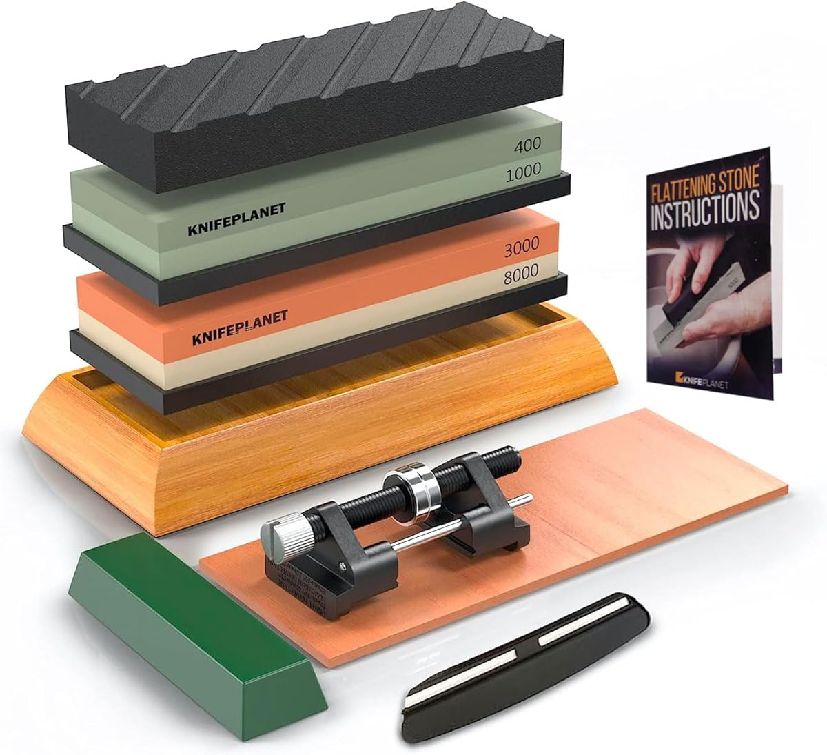 KNIFEPLANET Knife set 400/1000 stone sharpening and 3000/8000-grit professional, safe whetstone sharpener includes flattening, bamboo base and 2 rubber nonslip : Amazon.fr
