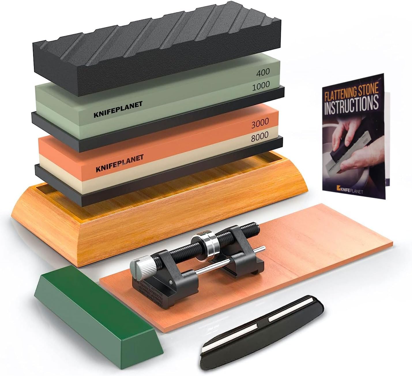 Knife Sharpening Stone Set 400/1000 and 3000/8000 Grit Professional, Safe Knife Sharpener Set Whetstone Set Contains Flattening Stone, Bamboo Base and 2 Non-Slip Rubbers