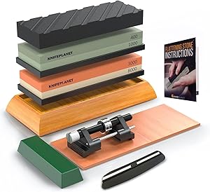 Premium Knife Sharpening Stone Set – 400/1000 and 3000/8000-Grit Professional, Safe Knife Sharpener Set – Whetstone Set Includes Flattening Stone, Bamboo Base, and 2 Nonslip Rubber Bases