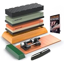 Premium Knife Sharpening Stone Set - Professional and Safe Knife Sharpener Set with 400/1000 and 3000/8000 Grit - Whetstone Set Includes Flattened Fossil Bamboo Base and 2 Non-Slip Rubber Bases