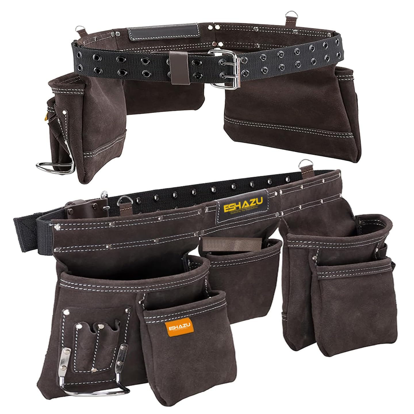 Eshazu Professional Leather Tool Belt - Carpenter Tools Belt - Tool Belt for Carpenters with 12 Pockets, Hammer Loop - Suitable for Electricians - Accommodates Waist up to 52”