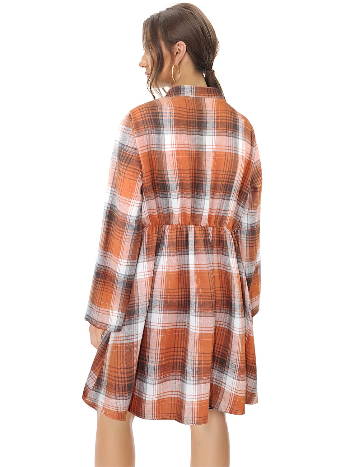 FANCYINN Abito a Camicia a Quadretti da Donna Manica Lunga abbottonata Top Mini Abito Scozzese a Tunica Casual