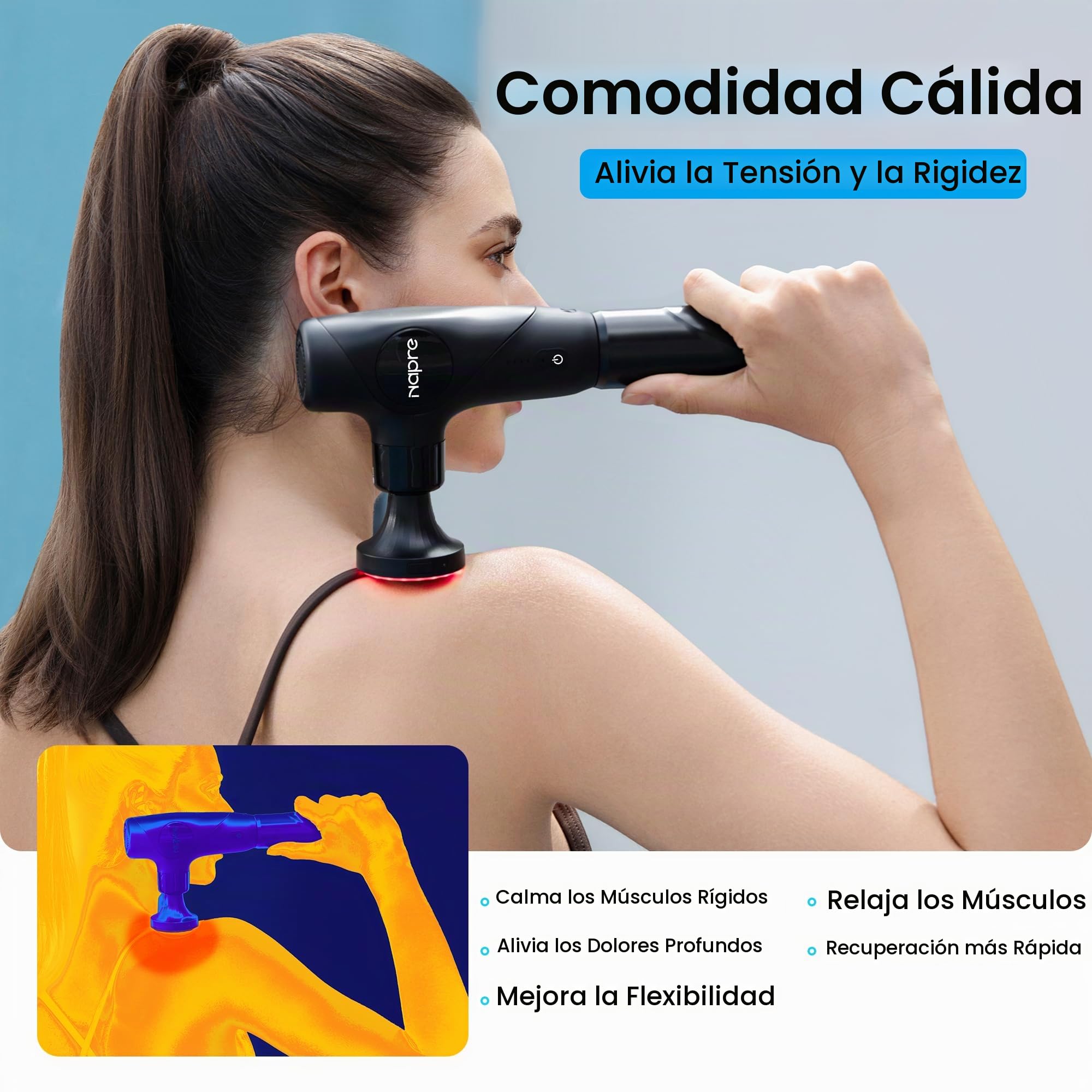 Pistola de Masaje Muscular Calor y Luz roja,NAPRE Mini Pistola Masaje Massage Gun con Mango Desmontable,5 Cabezales,Silencioso,Pistola Masajeadora Muscular Cervical y Espalda–Regalo Para Hombre,Mujer