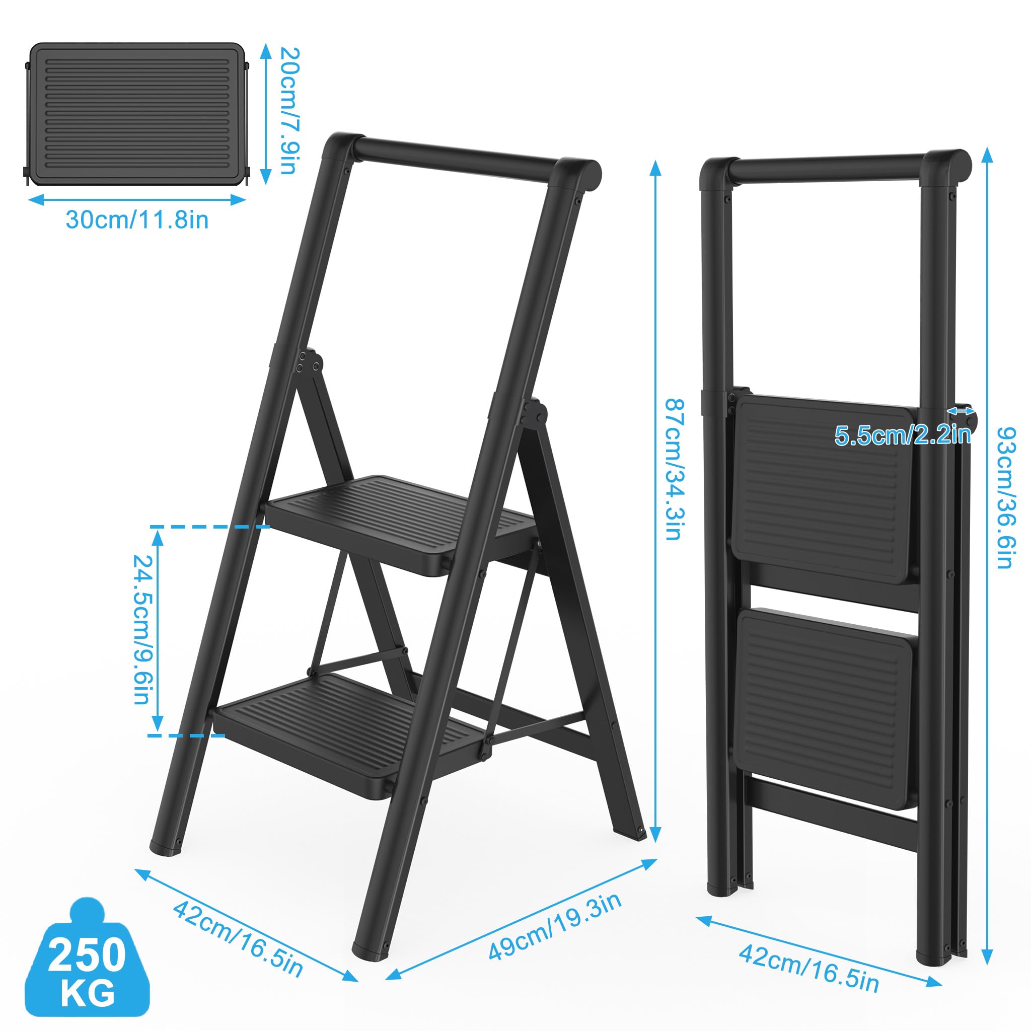 LARS360 Scala pieghevole a 2 gradini con corrimano, scala domestica antiscivolo, per casa, ufficio, portatile e stabile, portata fino a 250 kg, colore nero