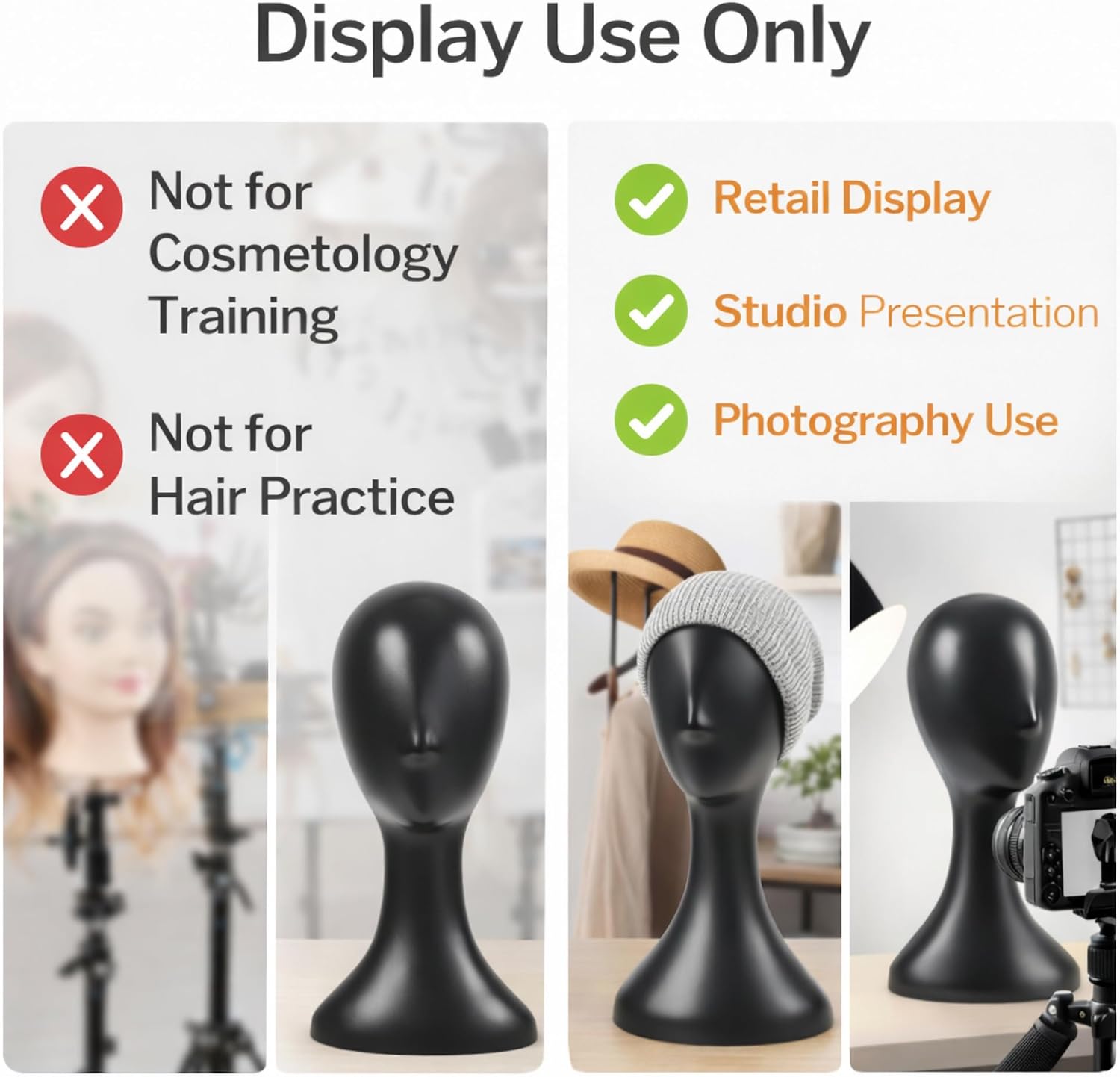 Professional Mannequin Head 16 Inch Plastic, Black Wig Head Display Stand 3 Pack for Wigs, Hats, Masks, Photography and Retail Use