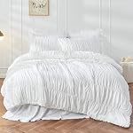 King Size Comforter Set Bedding - Ruched Wheat Comforter King Bed Set Boho Shabby Chic Bedding for Bedroom Comforter Fluffy 3 Piece Ruffle Comforter Set with Pillow White Soft and Luxury