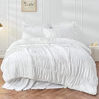 Bonlino Queen Comforter Set White Bedding - Ruched Comforter Queen Size ...