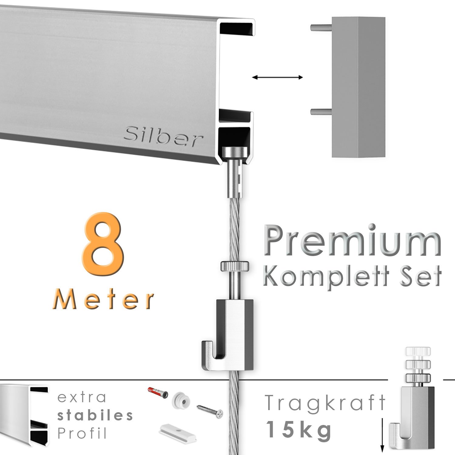 hang-it 8 Meter Premium Bilderschienen Galerieschienen - Komplett Set