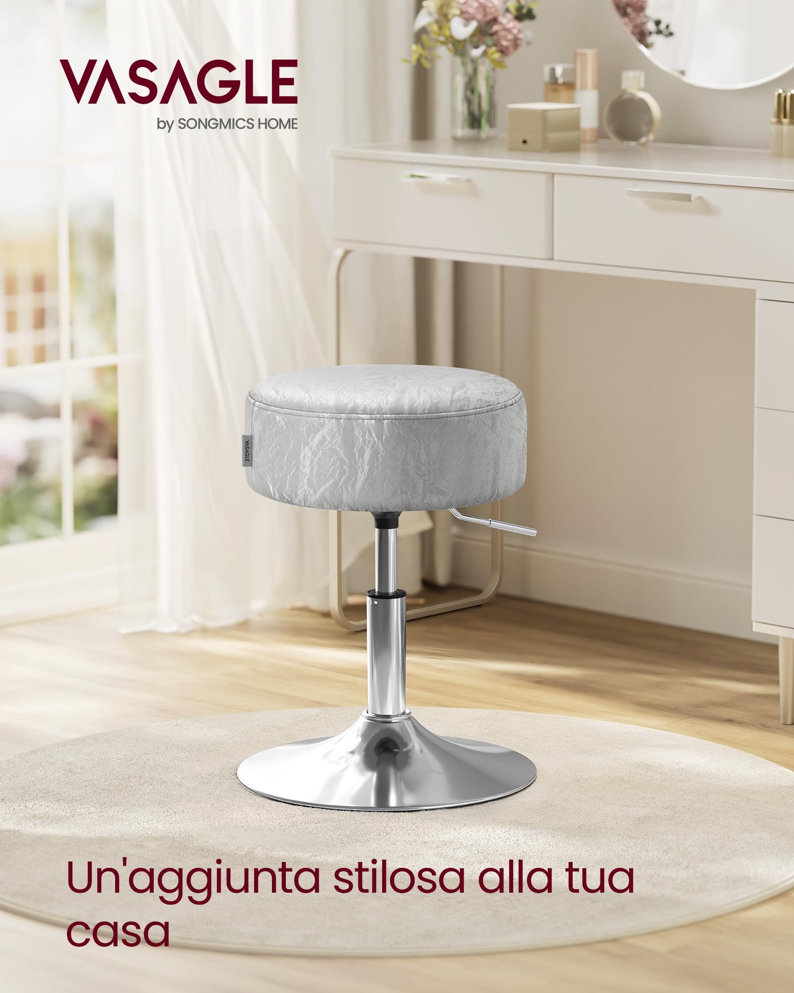 VASAGLE Sgabello da Trucco, Sedia per Toeletta, Regolabile in Altezza, Girevole a 360°, in PU, Seduta Spessa, per Camera da Letto Cucina Sala da Pranzo, Moderno, Grigio Tortora LJB120GD01 | Sedia per Toeletta, in Pelle PU, Seduta Spessa, Moderno, Grigio T