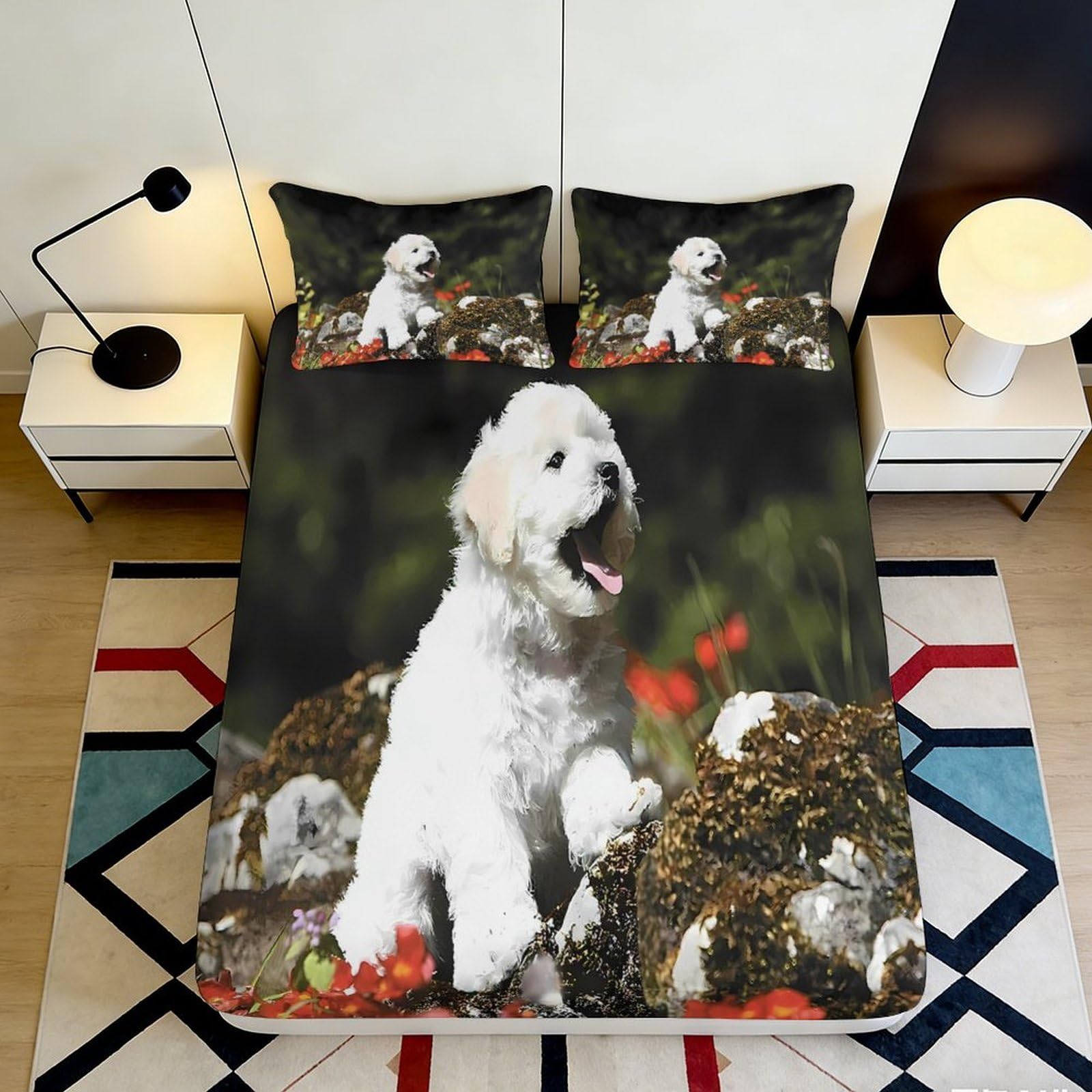 3D Printed Puppy Meadow Fitted Sheet Microfiber Soft Breathable Dog Pattern Bed Sheet Decor for Bedroom Guest Room 90x200x25cm
