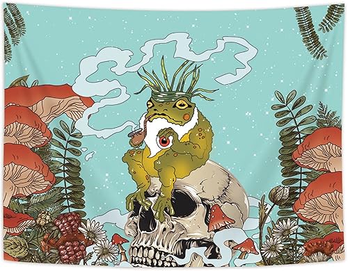 Lacoiime Tapiz de rana, diseño de calavera de animales con hongos, tapiz botánico para colgar en la pared, divertido tapiz estético para dormitorio,