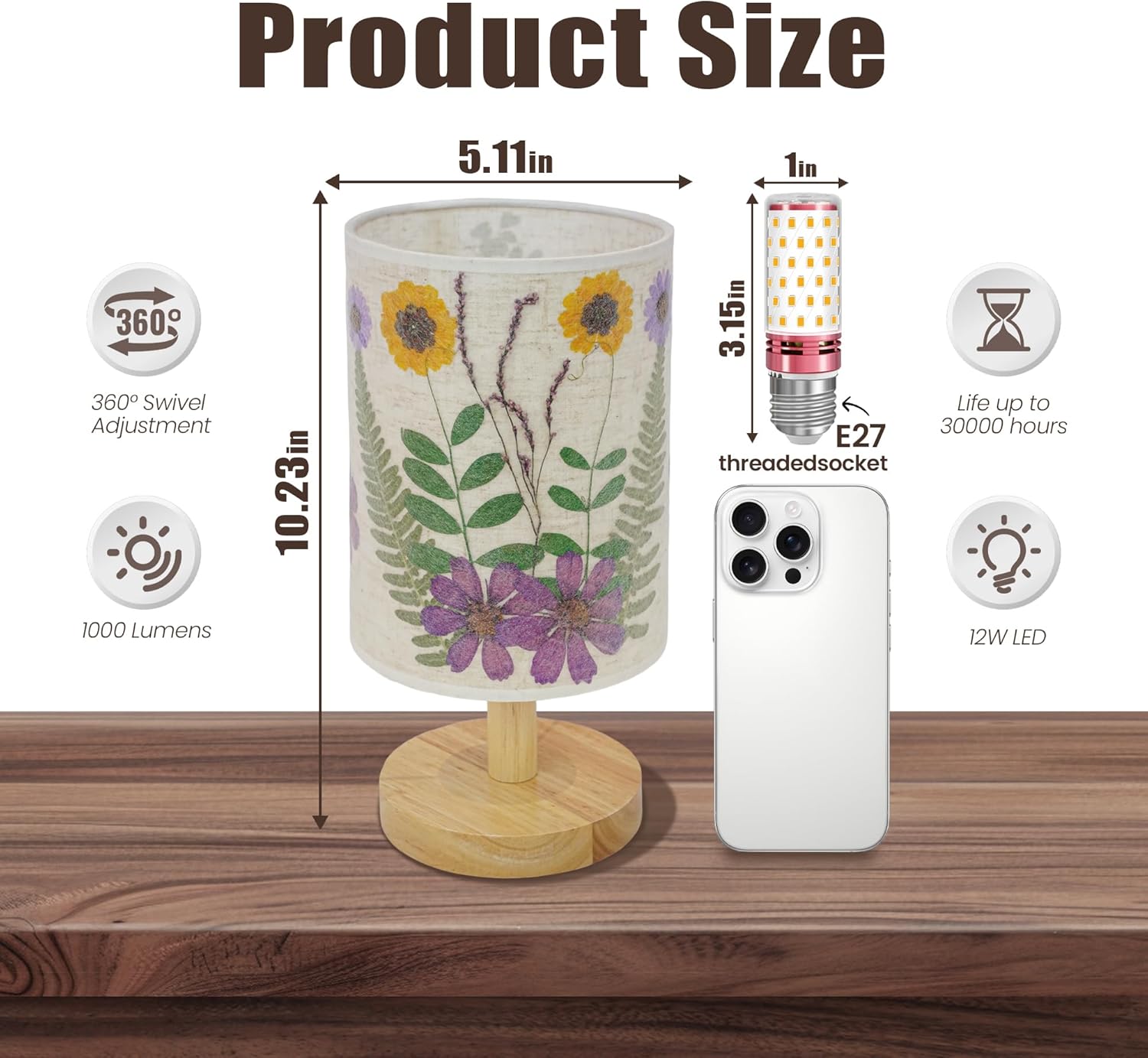 Artisan Crafted Floral Pressed Nightstand Lamp - Handmade Vintage Table Light with Adjustable Warm Glow for Bedroom, Office, or Living Room Decor (Purple)