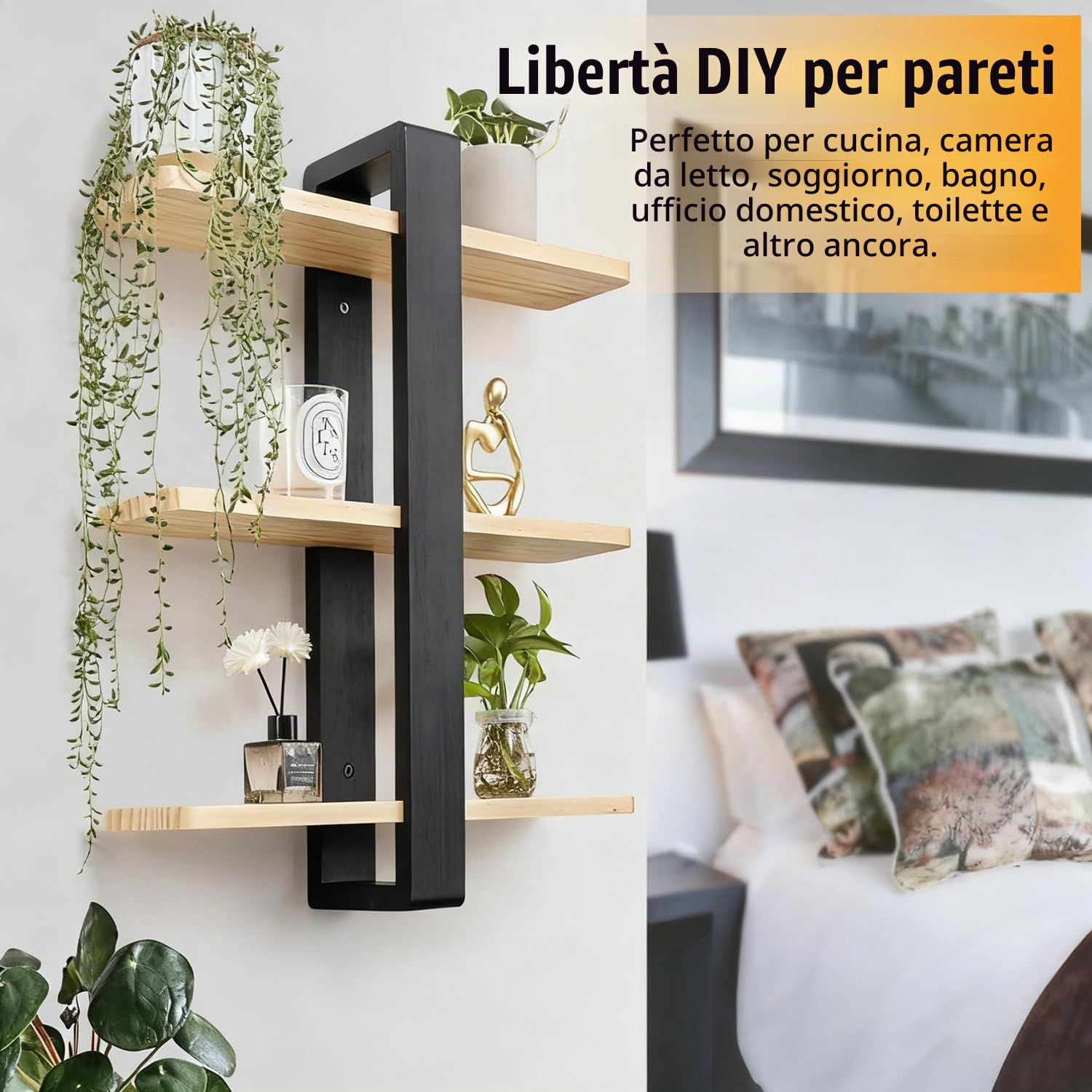 Mensole Da Muro，Mensole Da Parete，Mensola Sospesa Decorativa a 3 Livelli, Mensola In Legno Moderna Per Pareti, Adatta Per Soggiorno, Camera Da Letto, Ufficio, Cucina (Nera, 58 * 50 * 12 Cm)