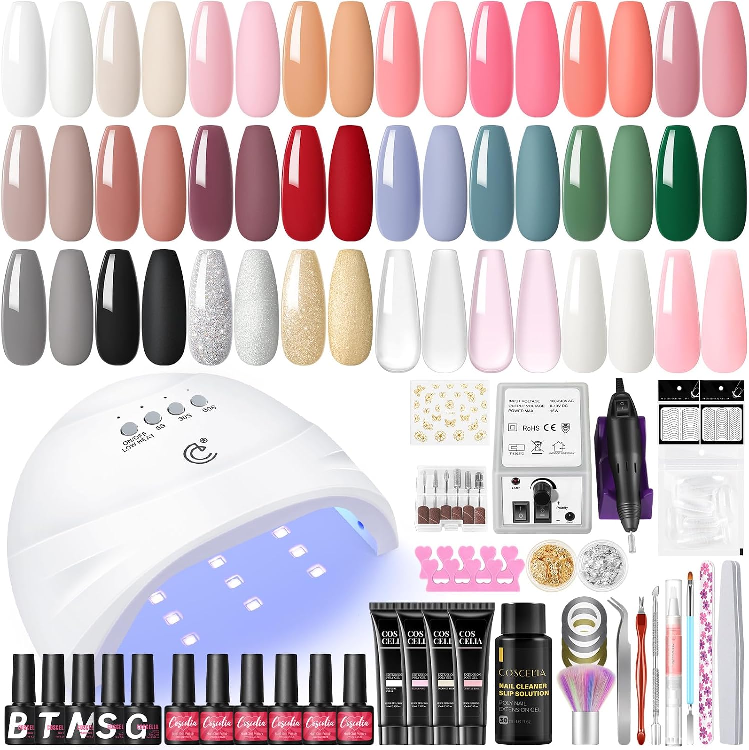 COSCELIA Complete Nail Gel UV Kit, Nagel Sander + Semi Permanente Polish 20 kleuren + 3pcs Nail Extension Gel, UV Lamp Base en Top Coat Manicure Gereedschap Accessoires Nail Art Kit