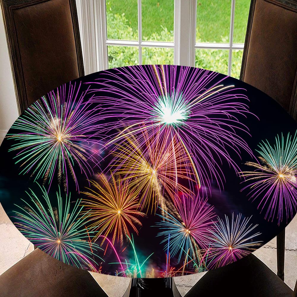 JRMRNEI Round Tablecloth, Christmas Fitted Table Cover Elastic Edge, Waterproof Wipeable Patio Table Cloths for Round Table, Christmas Type8, Tablecloth Size 40