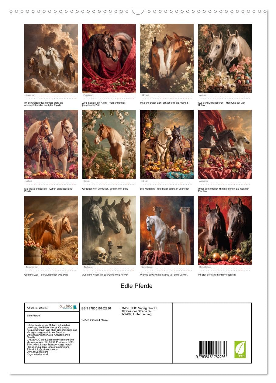 Edle Pferde (hochwertiger Premium Wandkalender 2027 DIN A2 hoch), Kunstdruck in Hochglanz: Pferde, wie man sie fühlt: still, stark und voller ... bis zur sommerlichen Weite. (CALVENDO Tiere)