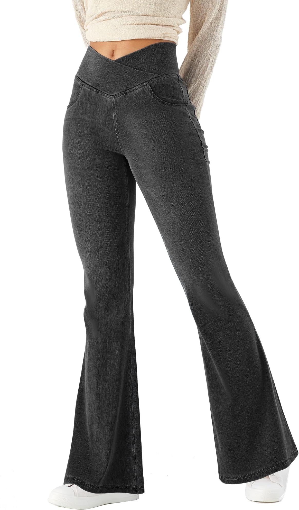 Women's Bootcut Jeans V Crossover High Waist Pull on Casual with Belly Control Skinny Yoga Pants,High Elasticity Denim Soft Fabric,Bell Fitness Pants