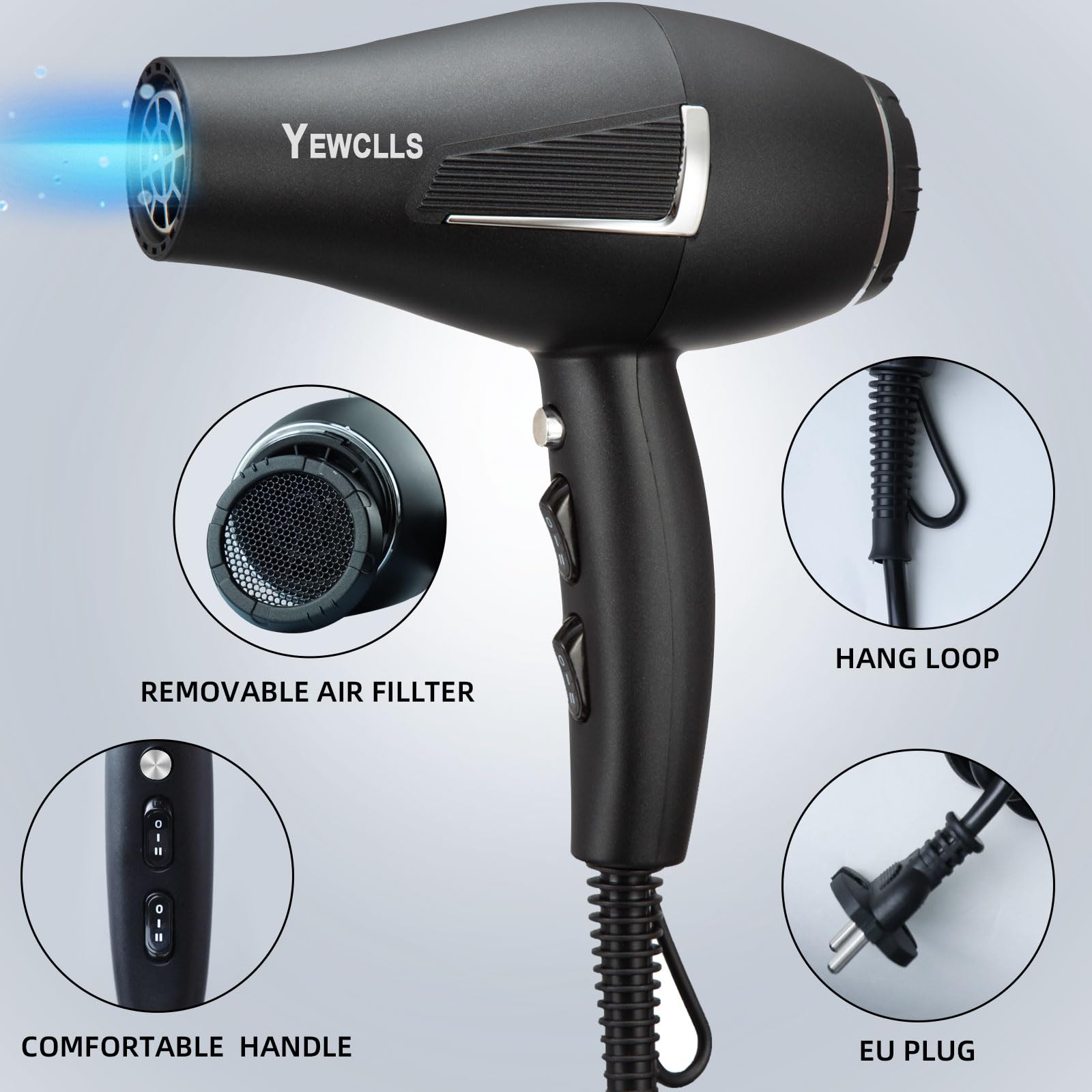 Sèche-cheveux ionique Salon de séchage rapide 2100W Sèche-cheveux professionnel 2 concentrateur 4 peignes 1 diffuseur Salon familial à friser avec bouton froid (Noir)