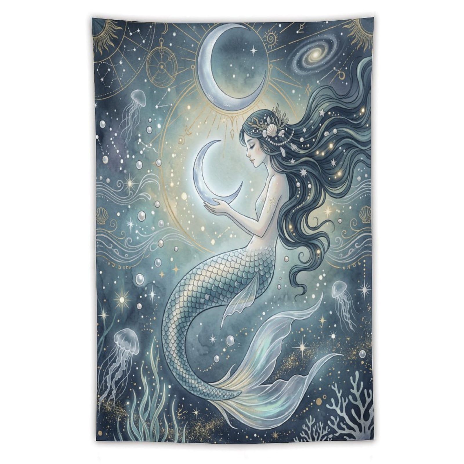 W7C8U2X3 Moon Mermaid Cosmic Ocean Wall Tapestry, Reading Corner
