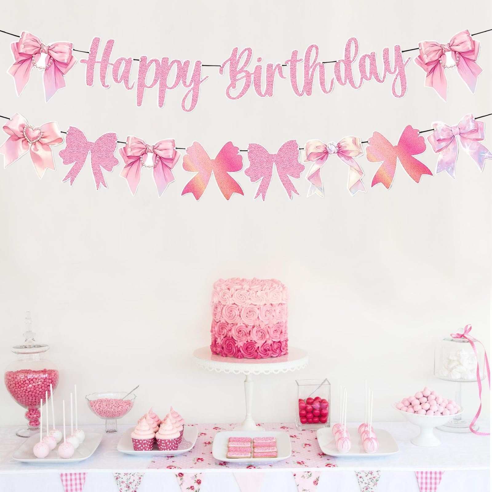Bannière 'Joyeux Anniversaire' Avec Nœuds Roses - Décoration Fête Fille, Femme - Guirlande Papier à Suspendre
