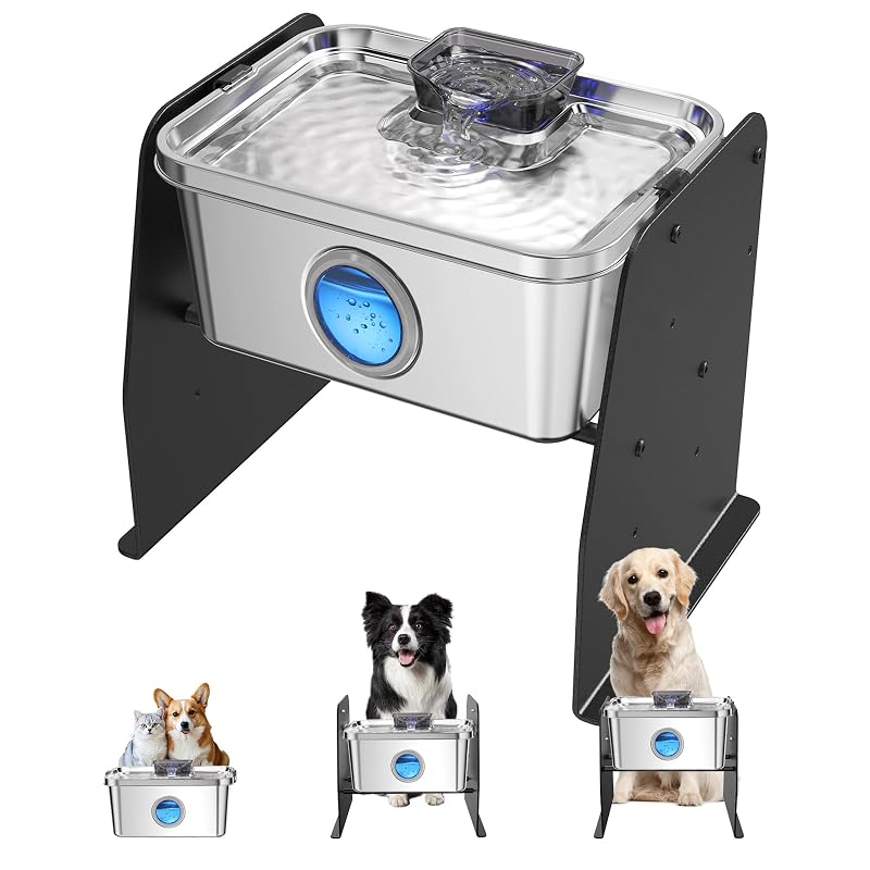 Fonte de água elevada para cães e gatos PETIMI em aço inoxidável, 7,57 L, com 3 filtros