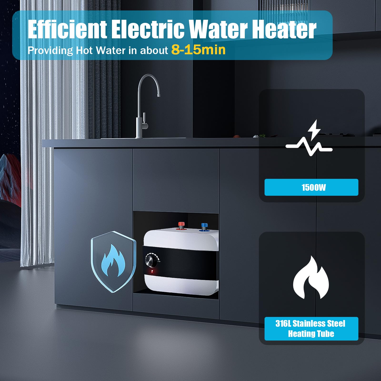 Scaldabagno da 6 l, serbatoio dell'acqua calda resistente alla pressione, scaldabagno elettrico 1500 W con temperatura regolabile 30 – 65 °C, protezione da surriscaldamento, protezione antincendio a