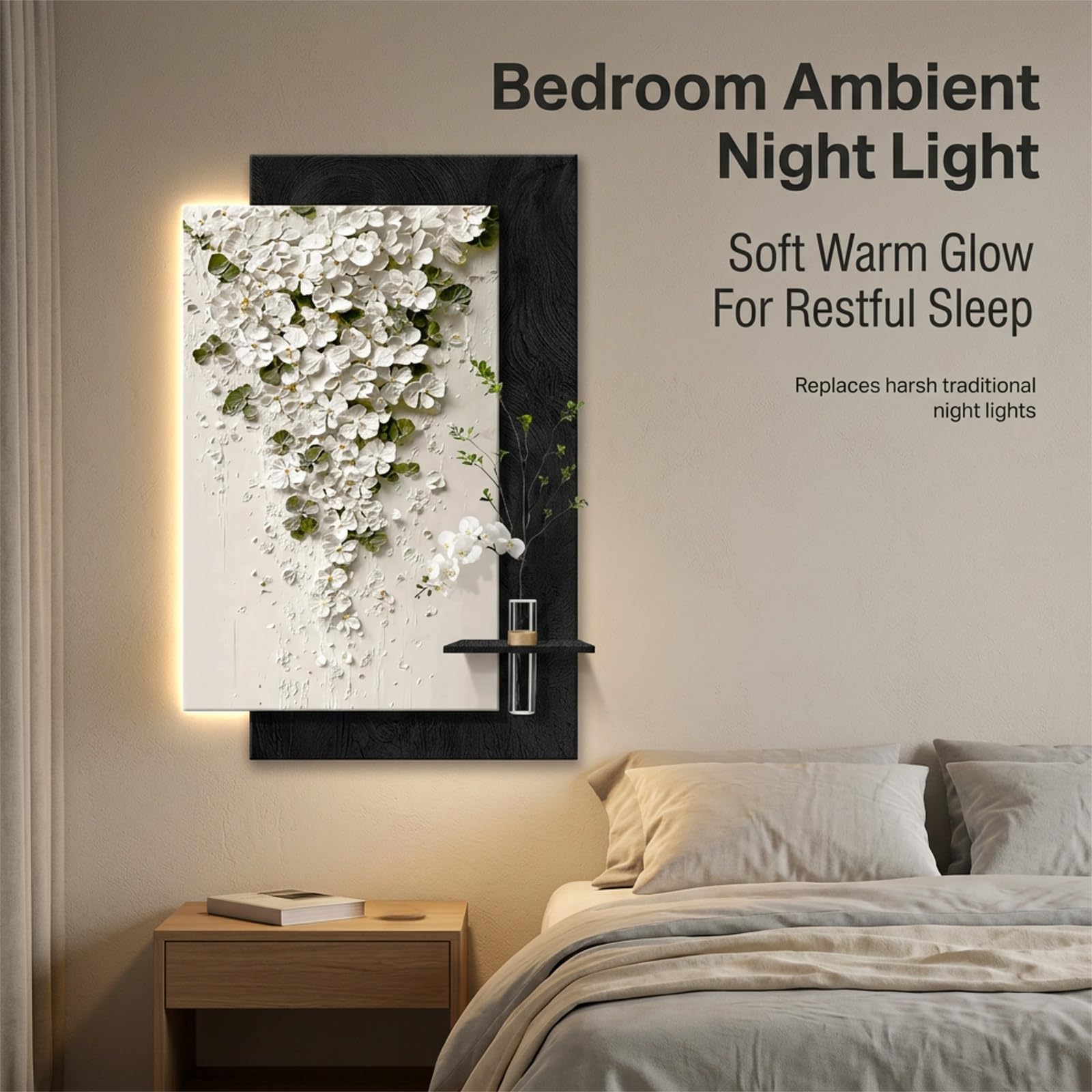 3D LED Wandbild mit Sandstein Relief, moderne Wanddekoration mit Vase | Handgefertigte Sandsteinoptik, integrierte Hydrokultur-Vase, dimmbare LED-Beleuchtung(A,39*59IN_LED+MOTION)