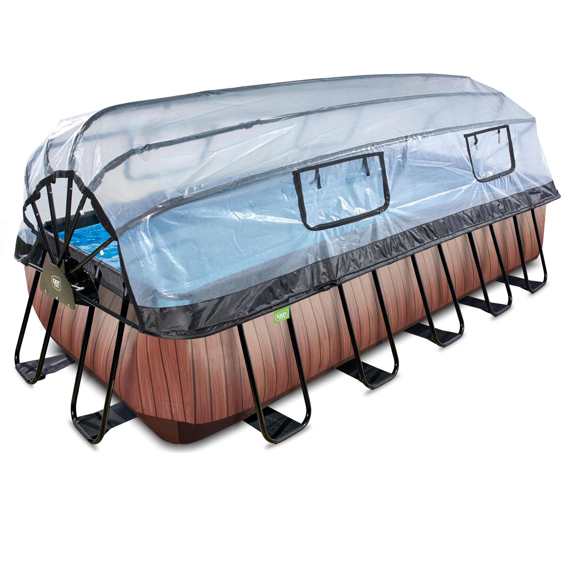 EXIT Toys Wood Pool con Cubierta Multifuncional - 540x250x122cm - Piscina de Marco Rectangular con Bomba de Filtro de Arena y Escalera de Piscina - Extra Profunda - para Agua Limpia y Cálida - Marrón