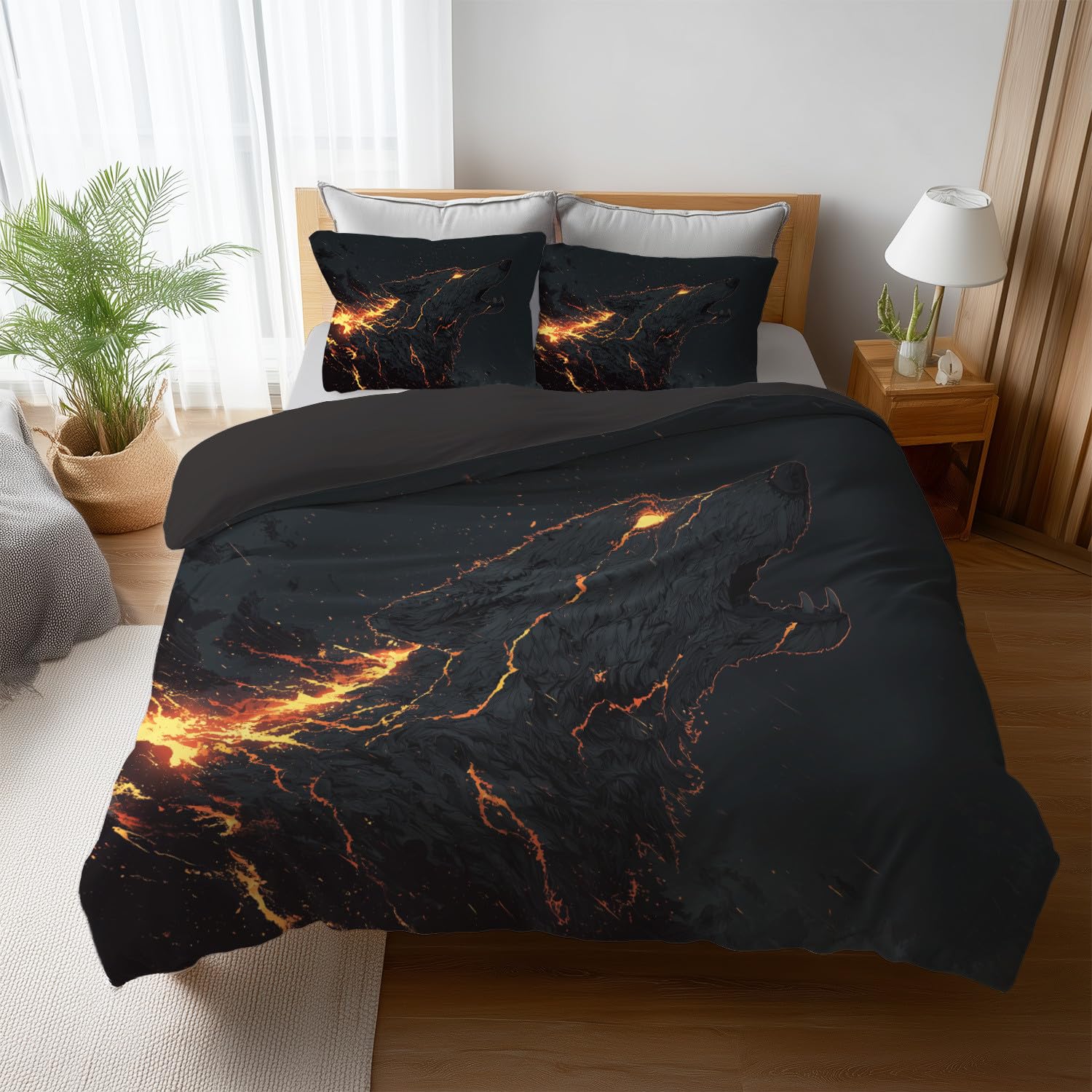 Żółta złota poszwa na kołdrę 220 x 240 cm dla 2 osób - zwierzęta dziki duch płomienie wilk motyw drukowany zestaw pościeli z zamkiem błyskawicznym i 2 poszewkami na poduszki dla dorosłych i