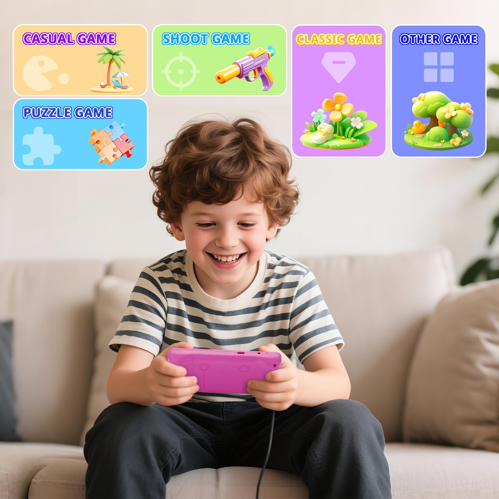 Console di gioco portatile, console portatile per videogiochi con giochi retrò, schermo da 3,2 pollici, batteria ricaricabile, cuffie integrate e fiocco integrato, regalo di Natale per bambini (viola