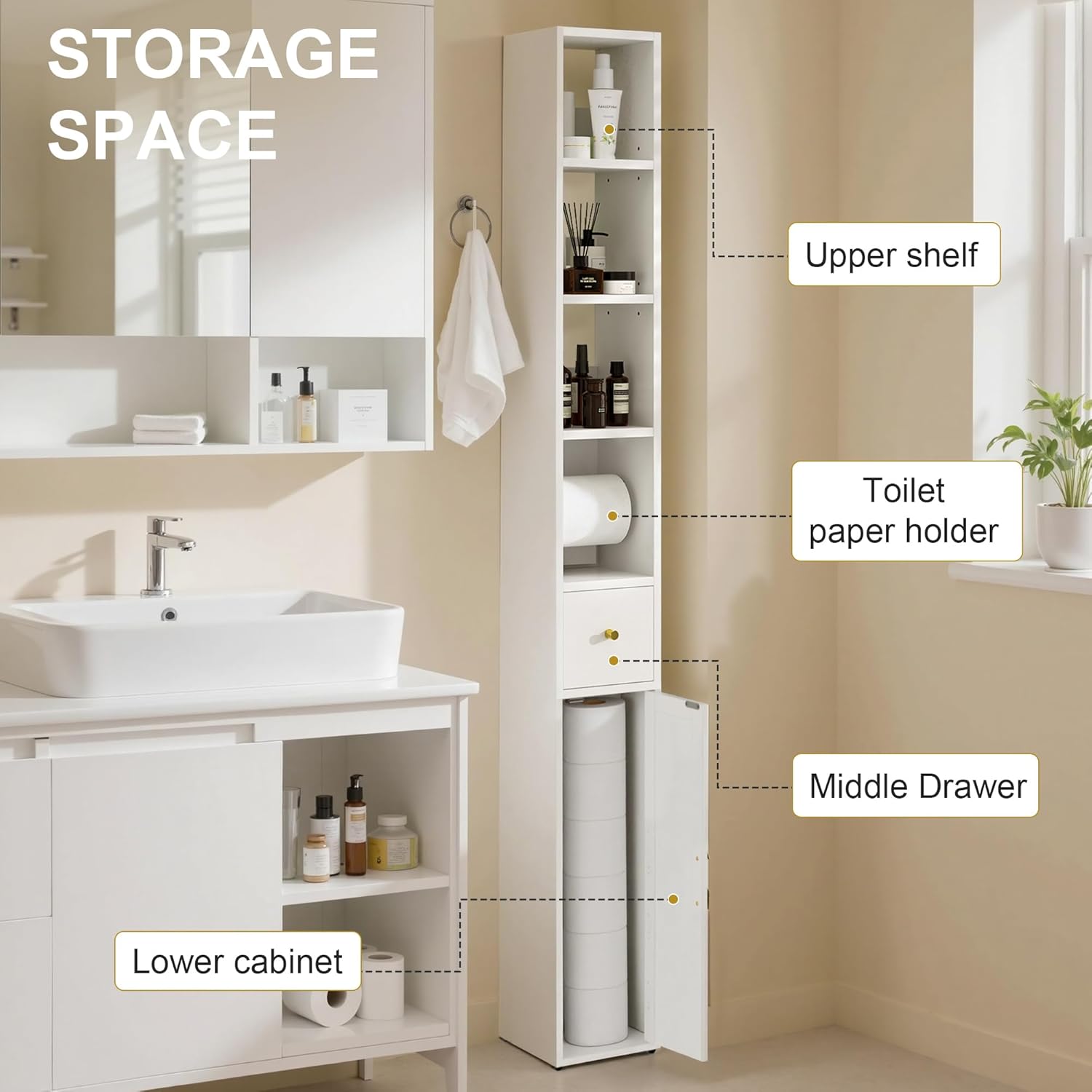 VECELO Storage Cabinet, 67" Tall Narrow Bathroom Cabinet with 3 Adjustable Shelves, Toilet Paper Holder, Magnetic Door & Drawer, for Small Spaces, Pearl White