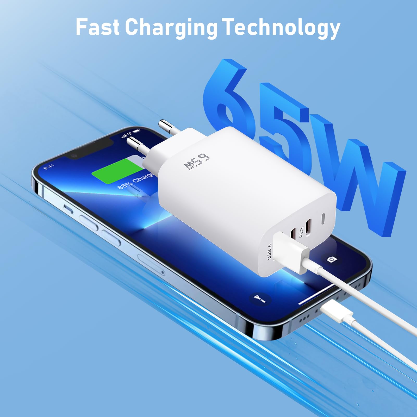 Chargeur Rapide GaN 65W 3 Ports Avec Câble Rétractable 70cm - Pour MacBook, IPhone, Galaxy, Switch - PD3.0, Compact