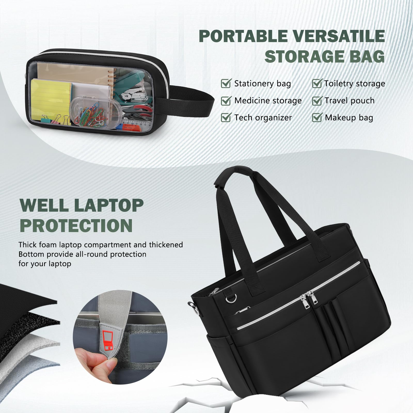 RAINSMORE Lehrertasche Damen 15,6 Zoll Laptoptasche Groß Arbeitstasche mit Isolierter Tasche Wasserabweisende Handtasche Shopper Tasche für Arbeit Büro Uni Reisen Business Schwarz