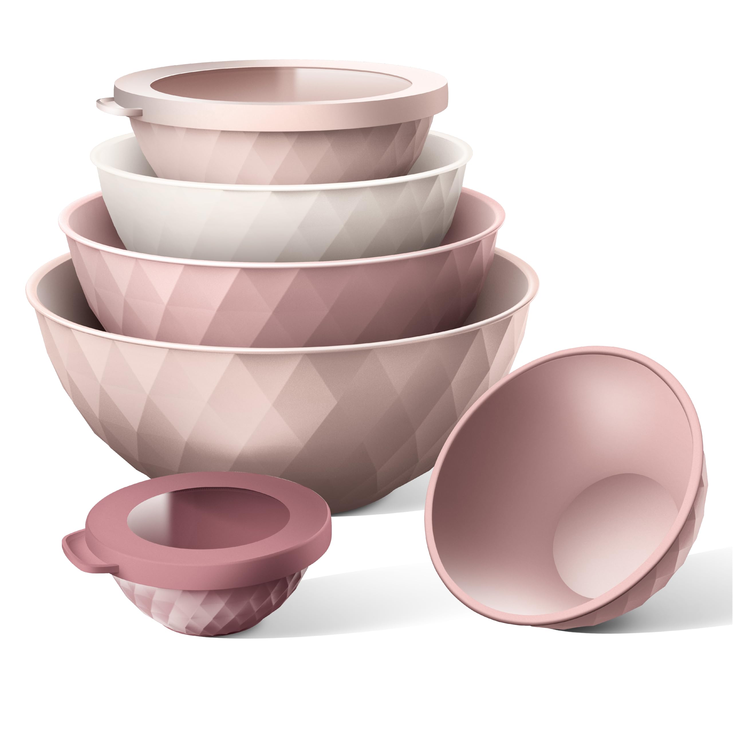 COOK WITH COLOR Mixing Bowls with Lids - 12 Piece Plastic Nesting Bowls Set includes 6 Prep Bowls and 6 Lids, Diamond Design - Microwave Safe, Pink