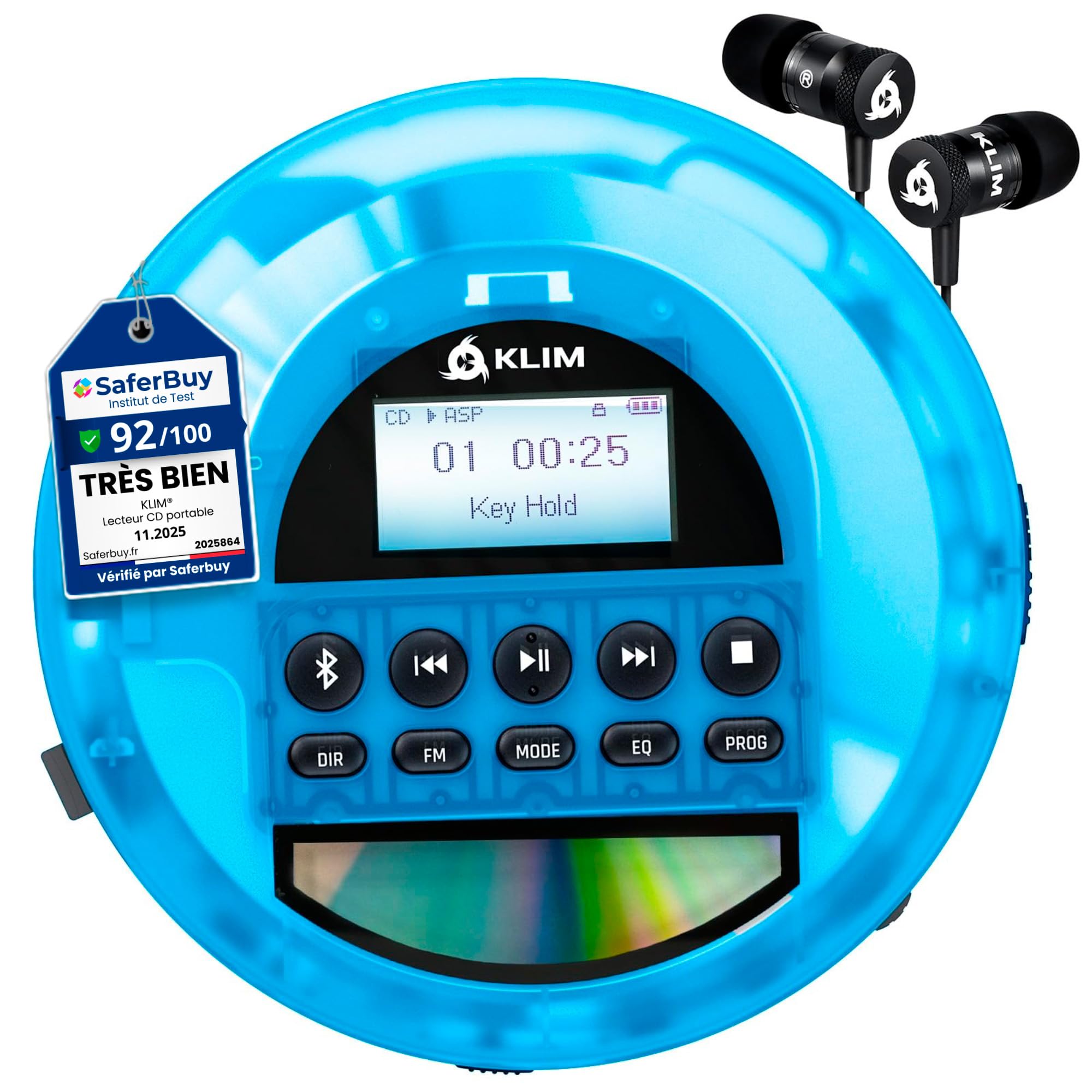 Nomad Lecteur CD Portable Bluetooth - Batterie Longue Durée - Radio FM TF | Écouteurs Inclus, Double Port Audio, Carte TF, Radio FM, Protection Anti-Saut, Câble AUX Voiture - Bleu Transparent