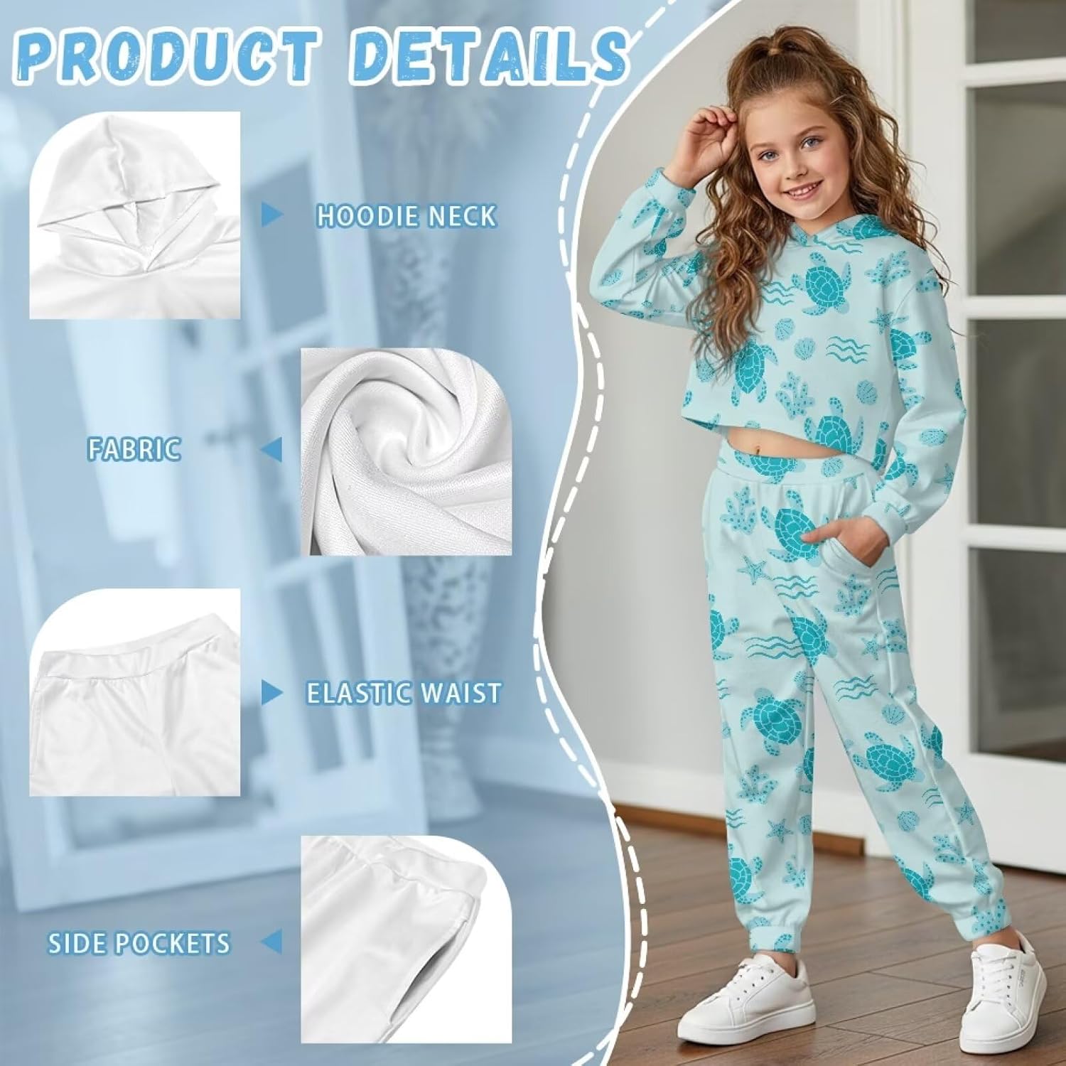 Xoenoiee 2 Piece Outfits Girls Crop Top Hoodie Long Sleeve Fashion Sweatshirts Sweatpants Fall Winter Sweatsuits for 4-13Y